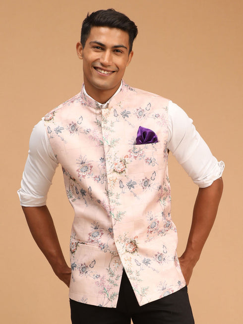 Light Pink Floral Printed Nehru Jacket